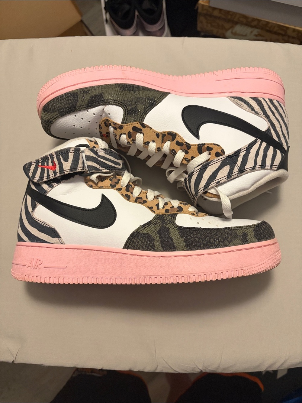 Nike Women's High-Top Sneakers in Pink, Black, White and Olive Animal Print